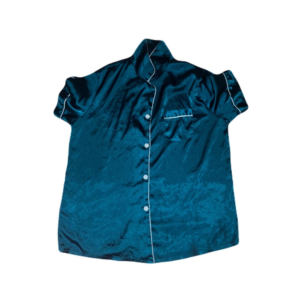 Women's Teal Satin Button-Up Top